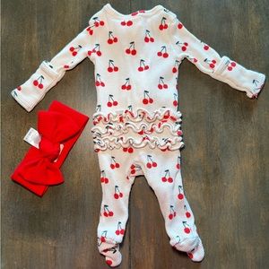 Spearmint Organic Waffle Ruffle Zip Footie, Cream with Red Cherries W/ Bow.